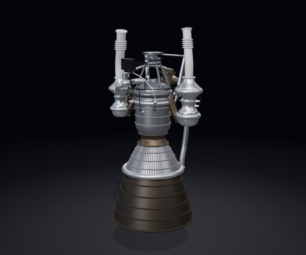 The reusable liquid rocket engine reference architecture in a dark engineering studio: a bell nozzle under a cooled combustion chamber, with a turbopump on either side, their ducting, and the gimbal mount above