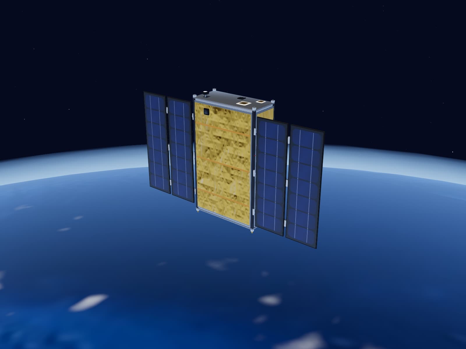 Reference 6U Earth-observation satellite with deployed solar arrays above Earth, rendered in Satellite Explorer 3D